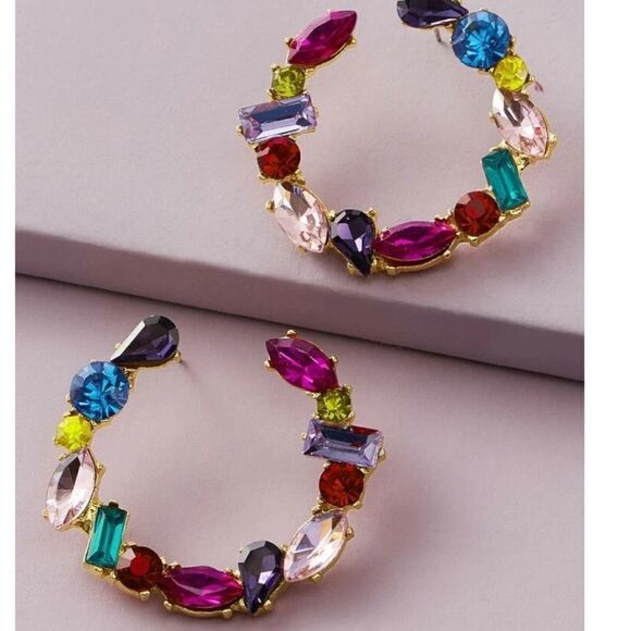 Cuffed‎ Hoop Gemstone Colorful Statement Earrings - Picture 2 of 3